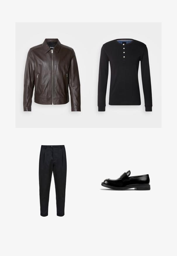 Chaqueta de cuero marrón con una textura suave, un cuello, cierre frontal con cremallera y dos bolsillos laterales con cremallera. Costuras decorativas visibles.; Camisa negra de manga larga hecha de tejido suave, con un cuello redondo, tapeta de botones con botones blancos y puños ajustados.; Pantalones negros de tejido suave, con un frente plisado, ajuste tapered y puños enrollados. Cierre de botón sencillo en la cintura.; Mocasin de cuero negro con punta redondeada, suela de goma plana y un destacado detalle de tira en la parte superior. Textura suave, diseño minimalista.