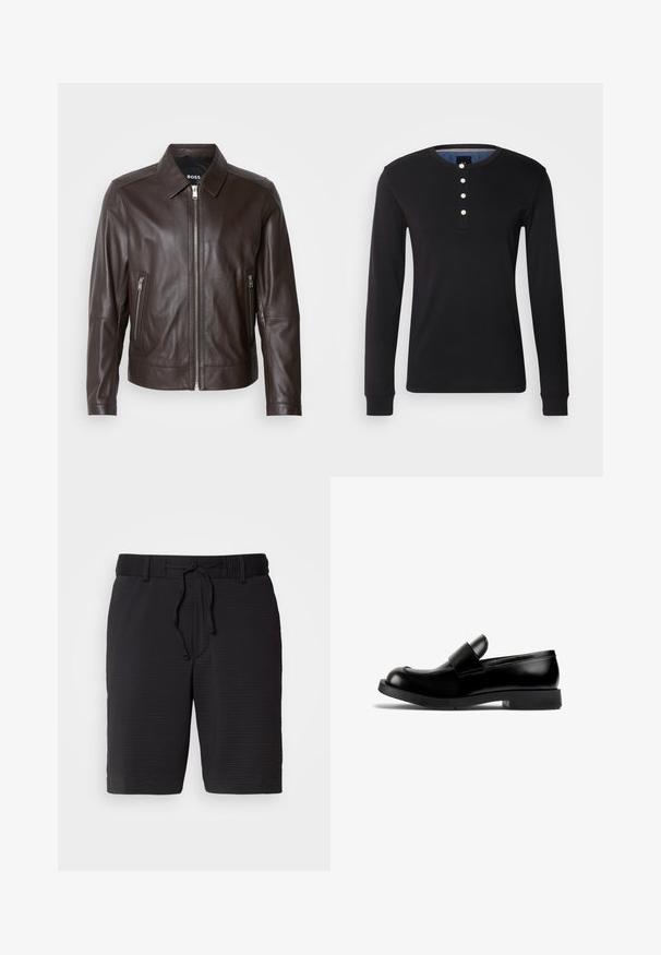 Hnědá kožená bunda s hladkým povrchem, límcem, zapínáním na zip vpředu a dvěma bočními kapsami na zip. Viditelné akcentové švy.; Černá mikina s dlouhými rukávy vyrobená z měkké tkaniny, se širokým výstřihem, knoflíkovou légou s bílými knoflíky a úzkými manžetami.; Černé šortky s texturovaným vzorem, elastickým pasem a nastavitelním šňůrkovým stahováním pro lepší přizpůsobení. Délka do poloviny stehna, jednoduchý design bez viditelných kapes.; Černé kožené mokasíny s kulatou špičkou, plochou gumovou podrážkou a výrazným páskem přes nárt. Hladká textura, minimalistický design.