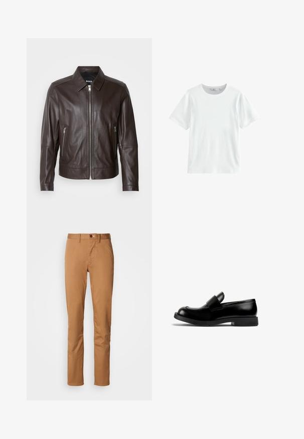 Ruskea nahkatakki, jossa on sileä pinta, kaulus, vetoketjukiinnitys edessä ja kaksi vetoketjullista sivutaskua. Korostuskohdistus näkyvissä.; Valkoinen puuvillapaita, jossa on lyhyet hihat, pyöreä kaula-aukko ja ribbikuvio. Yksinkertainen muotoilu, sopii rentoon käyttöön. Ei näkyviä kuvioita tai yksityiskohtia.; Kapeat khaki-housut, joissa on nappi- ja vetoketjusuljenta, vyölenkit ja sivutaskut valkoista taustaa vasten.; Mustat nahka loaferit pyöreällä varpaalla, tasaisella kumipohjalla ja näkyvällä hihnalla ettepuolella. Sileä pinta, minimalistinen muotoilu.