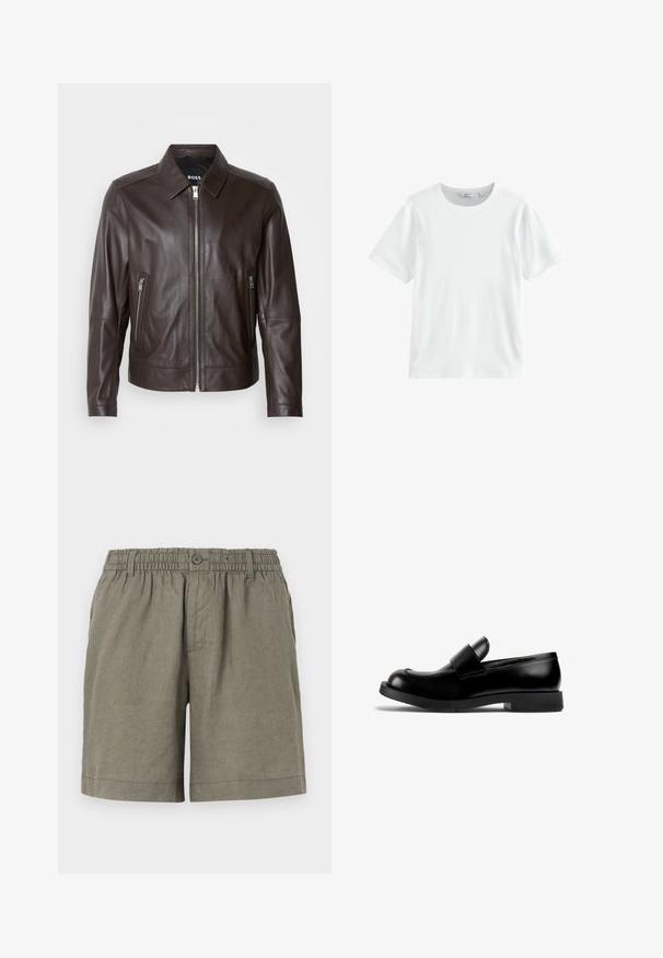 Hnědá kožená bunda s hladkým povrchem, límcem, zapínáním na zip vpředu a dvěma bočními kapsami na zip. Viditelné akcentové švy.; Bílý bavlněný tričko s krátkým rukávem, kulatým výstřihem a žebrovanou strukturou. Jednoduchý design, vhodné pro volný čas. Žádné viditelné vzory nebo akcenty.; Khaki šortky z lehkého materiálu s elastickým pasem a knoflíkovým zapínáním. Mají střih rovného nohavice a ohrnutý lem.; Černé kožené mokasíny s kulatou špičkou, plochou gumovou podrážkou a výrazným páskem přes nárt. Hladká textura, minimalistický design.