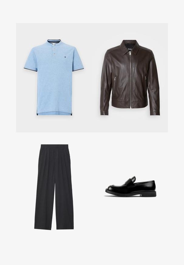 Braune Lederjacke mit glatter Textur, Kragen, Reißverschluss vorne und zwei seitlichen Reißverschlusstaschen. Sichtbare Akzentnähte.; Hellblaues Polohemd mit hohem Kragen, Zwei-Knopf-Leiste und marineblauen Besätzen an Ärmeln und Saum. Weicher Stoff und minimales Logosymbol.; Weit geschnittene Hosen aus dunkelgrauem Stoff. Merkmale sind Falten an der Taille, ein maßgeschneiderter Schnitt und eine gerade Silhouette.; Schwarze Lederlofer mit runder Zehenform, flacher Gummisohle und einem auffälligen Riemendetail über dem Vorderblatt. Glatte Textur, minimalistisches Design.