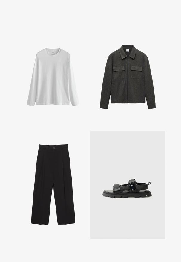 Giacca zip-up grigio scuro realizzata in tessuto testurizzato, con collo a camicia e due tasche sul petto con chiusura a patta.; T-shirt bianco a maniche lunghe in cotone con scollatura rotonda e taglio comodo. Texture liscia, senza pattern né dettagli. Etichetta visibile all'interno del colletto.; Pantaloni neri a gamba larga realizzati in tessuto morbido, con vita piatta, pinces frontali e chiusura con un bottone.; Sandali neri con una tomaia in tessuto testurizzato, fasce larghe, accentuazioni in metallo e una suola spessa in gomma con un motivo a rilievo.