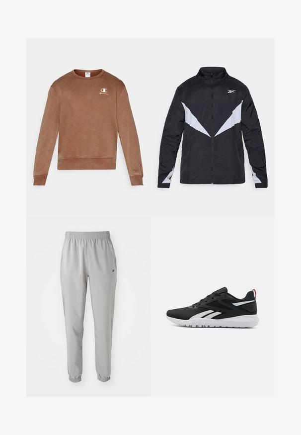 Melnas un pelēkas veste ar rāvējslēdzēju, kas ietver augstu apkakli, diagonālu krāsu bloku dizainu un elastīgus piedurknes. Izgatavota no viegla, teksturēta materiāla.; Brūns kokvilnas kreklveida džemperis ar ribotos piedurknes un apakšmalu, ar mazu balto Champion logotipu kreisajā krūtī. Maiga tekstūra.; Gaiši pelēki sporta bikses, izgatavotas no viegla auduma, ar elastīgu jostu, ar piegrieztiem potīšu galiem un sānu kabatām. Diskrēta zīmolnozīme.; Melnas sporta apavas ar aizsargājošu sietu augšējo daļu, baltām akcentiem, strukturētu zoli un sarkanu papēža cilpu papildu detaļām.