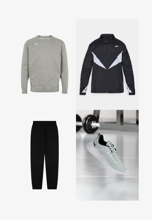 Zwarte en grijze zip-up jack met een hoge kraag, schuin kleurblokontwerp en elastische manchetten. Gemaakt van lichtgewicht, textuurmateriaal.; Grijze sweatshirt gemaakt van zachte stof, met een ronde hals, lange mouwen en een klein logo op de bovenste linkerkant van de borst.; Zwarte sweatpants van zachte stof, met een elastische tailleband en taps toelopende boorden. Minimalistisch ontwerp zonder zichtbare patronen of accenten.; Lichtgrijze sportschoen met een bovenwerk van mesh, zwarte accenten en een witte zool. Heeft een gestructureerd patroon en vetersluiting.