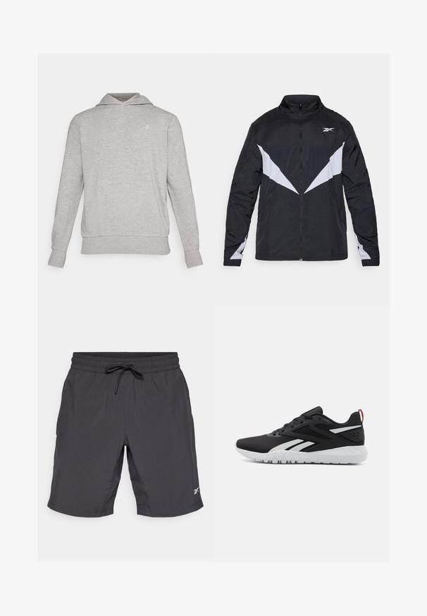 Czarna i szara kurtka zapinana na zamek, z wysokim kołnierzem, ukośnym wzorem w blokach kolorystycznych i elastycznymi mankietami. Wykonana z lekkiego, strukturalnego materiału.; Szara bluza z kapturem o luźnym kroju, wykonana z miękkiego materiału. Posiada kieszeń kangurzą, ściągacze na rękawach oraz małe logo nad kieszenią.; Czarne spodenki sportowe z elastycznym paskiem i sznurkiem. Gładki materiał, do kolan, z małym białym logo po prawej stronie na dole.; Czarne buty sportowe z siateczkową cholewą, białymi akcentami, teksturowaną podeszwą oraz czerwonym tabem na pięcie dla dodatkowego akcentu.