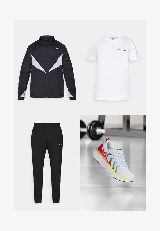 Fekete és szürke cipzáros dzseki, magas gallérral, ferde színblokkolt mintával és rugalmas mandzsettákkal. Könnyű, texturált anyagból készült.; Fehér pamut póló kerek nyakkivágással, rövid ujjakkal, és fekete hímzett "Champion" logóval a mellkason és az ujjon.; Fekete sportnadrág, elasztikus derékbőséggel, beszűkülő lábszárral és egy kis fehér logóval a bal comb felső részén. Sima anyag.; Fehér sportcipő hálós felsőrészsel, piros, narancssárga és sárga színekben gazdag részletekkel, texturált talppal és fekete díszítéssel.