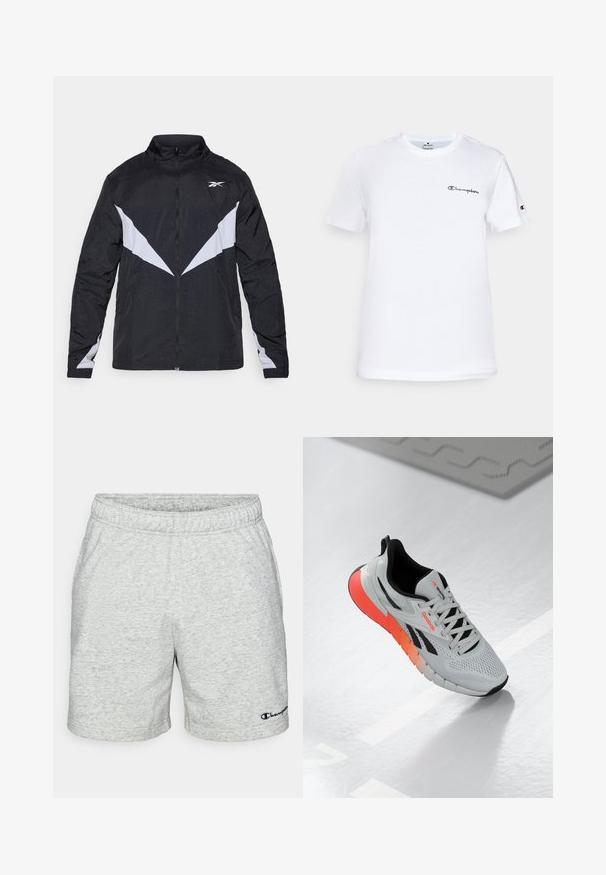 Fekete és szürke cipzáros dzseki, magas gallérral, ferde színblokkolt mintával és rugalmas mandzsettákkal. Könnyű, texturált anyagból készült.; Fehér pamut póló kerek nyakkivágással, rövid ujjakkal, és fekete hímzett "Champion" logóval a mellkason és az ujjon.; Puhaszürke, pamut keverékből készült nadrág, rugalmas derékkal és oldalsó varrásokkal. Navy színű logó nyomtatott a bal alsó szegélyen.; Fehér sportcipő hálós felsőrésszel, fekete akcentusokkal és egy narancsról rózsaszínre gradáló talppal. Fűzős kivitelezés és kerek orr jellemzi.