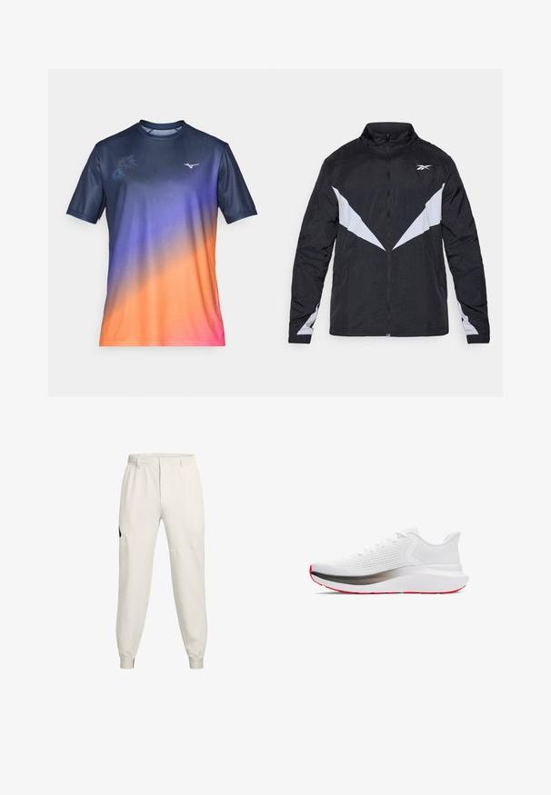 Svart och grå zip-jacka med hög krage, diagonalt färgblockerat mönster och elastiska ärmslut. Tillverkad av lätt, texturerat material.; Kortärmad träningsskjorta i en gradation av marinblått, lila, orange och rosa. Har ett subtilt blommönster och logotyp på bröstet. Slät tyg.; Licht beige joggerbyxor med elastisk midja, sidofickor och ribbade muddar; har en svart logotypaccent på vänster höft.; Sportssko med ett vitt mesh-överdrag, silver mellanläg, och en röd yttersula. Har rund snörning och en vadderad krage för komfort.