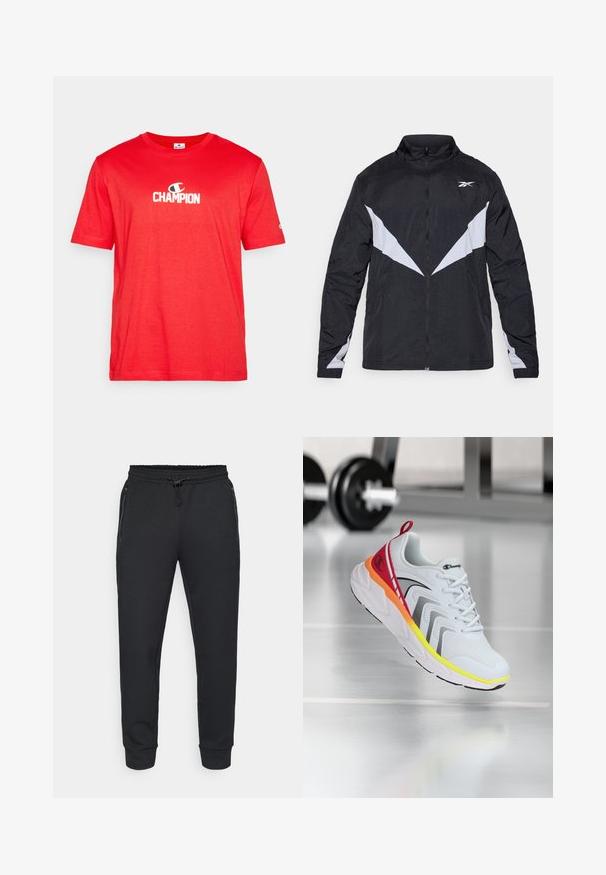Fekete és szürke cipzáros dzseki, magas gallérral, ferde színblokkolt mintával és rugalmas mandzsettákkal. Könnyű, texturált anyagból készült.; Piros pamut póló, középen fehér "CHAMPION" logóval, rövid ujjakkal és kerek nyakkivágással.; Fekete sportos joggerek, húzózsinórral ellátott rugalmas derékrésszel, oldalsó cipzáras zsebekkel és bordázott szegélyekkel. Puha, texturált anyagból készültek.; Fehér sportcipő hálós felsőrészsel, piros, narancssárga és sárga színekben gazdag részletekkel, texturált talppal és fekete díszítéssel.