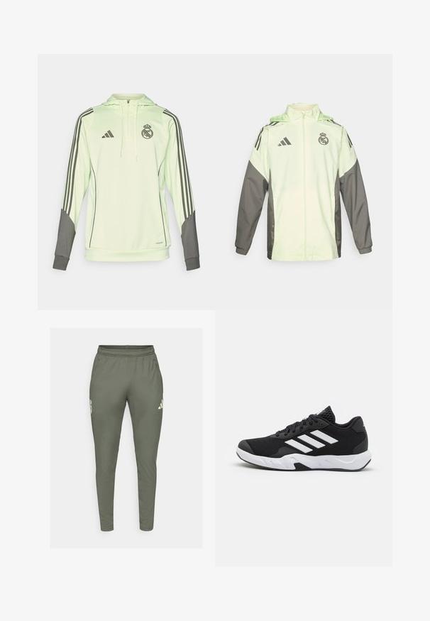 Hellgrüne und graue Jacke mit Reißverschluss, Kapuze und verstellbaren Schnüren. Verfügt über drei schwarze Streifen auf jeder Schulter und ein Logo.; Hellgrüner Kapuzensweatshirt mit grauen Akzenten, versehen mit drei schwarzen Streifen an den Ärmeln, Adidas-Logo und dem Wappen von Real Madrid.; Olivgrüne Jogginghose mit schlankem Schnitt, elastischem Bund und Seitentaschen. Mit einem Logo auf dem linken Oberschenkel und kontrastierenden Akzenten.; Schwarze Sportschuhe mit einem strukturierten Mesh-Obermaterial, weißen Akzentstreifen, einer gepolsterten Sohle und einer verstärkten Ferse für Unterstützung.