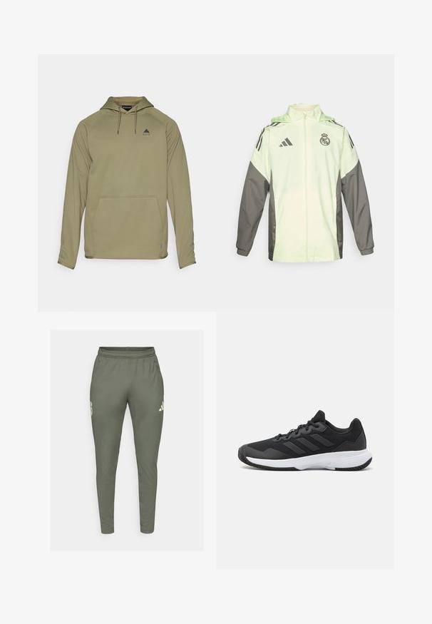 Giacca verde chiaro e grigia con chiusura zip, cappuccio e cordini regolabili. Presenta tre strisce nere su ciascun spalla e un logo.; Burton MENS CROWN WEATHERPROOF - Felpa in pile - forest moss; Pantaloni da jogging verde oliva con una vestibilità slim, vita elasticizzata e tasche laterali. Presentano un logo sulla coscia sinistra e dettagli a contrasto.; Scarpa da ginnastica nera con parte superiore texturizzata, tre strisce orizzontali e una suola bianca con battistrada a motivo. Design leggero e aerodinamico.