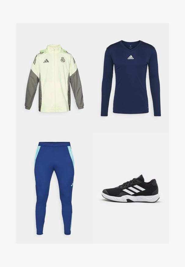 Chaqueta verde claro y gris con cierre de cremallera, capucha y cordones ajustables. Presenta tres franjas negras en cada hombro y un logo.; Camiseta deportiva de manga larga en color navy, hecha de una tela texturizada, con cuello en V y logo de Adidas en blanco en el pecho. Diseño simple, forma ajustada.; Leggings deportivos de color azul marino, hechos de un material elástico, con paneles laterales de color azul claro y un diseño ajustado con un puño estrecho en el tobillo.; Zapatillas deportivas negras con una parte superior de malla texturizada, rayas de acento blancas, suela acolchada y talón reforzado para mayor soporte.