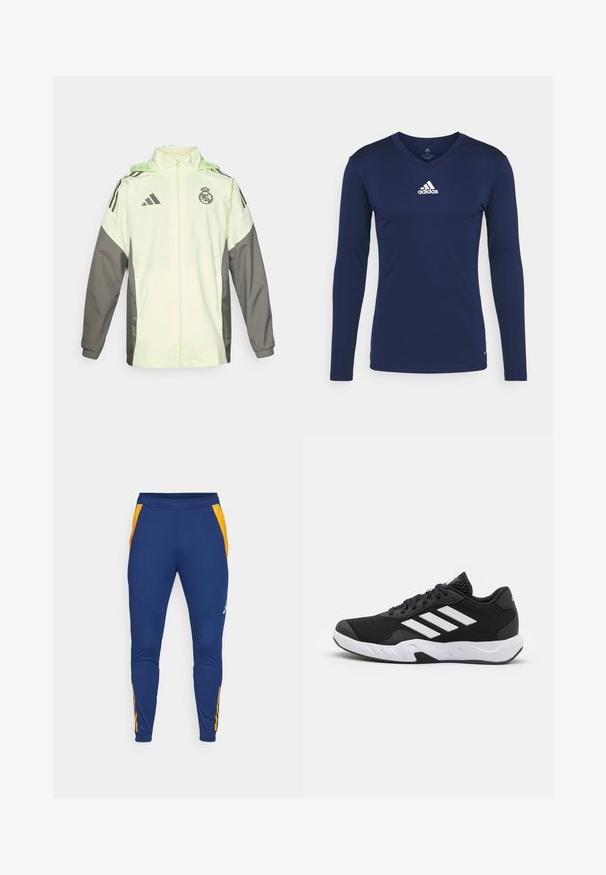 Giacca verde chiaro e grigia con chiusura zip, cappuccio e cordini regolabili. Presenta tre strisce nere su ciascun spalla e un logo.; Maglietta sportiva a maniche lunghe blu navy realizzata in tessuto texturizzato, con scollatura a V e logo Adidas bianco sul petto. Design semplice, forma aderente.; Pantaloni sportivi navy con pannelli laterali in rete arancione, gamba affusolata e cintura elastica. Presentano un logo discreto sulla coscia sinistra.; Scarpe da ginnastica nere con una tomaia in mesh texturizzata, strisce bianche di accento, suola imbottita e tallone rinforzato per supporto.