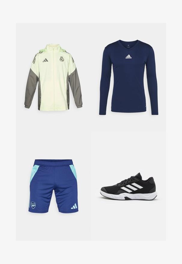Ljusgrön och grå jacka med dragkedja, huva och justerbara snoddar. Har tre svarta ränder på varje axel och en logotyp.; Marinblå långärmad träningsskjorta i texturerad tyg med V-hals och vit Adidas-logotyp på bröstet. Enkel design, åtsittande passform.; Marina atletiska shorts tillverkade av andningsbart material, med ljusblå sidopaneler, en Arsenal-logotyp och tre randiga detaljer vid fållen.; Svarta sportskor med ett texturerat nätövre, vita accentlinjer, en dämpad sula och en förstärkt häl för stöd.