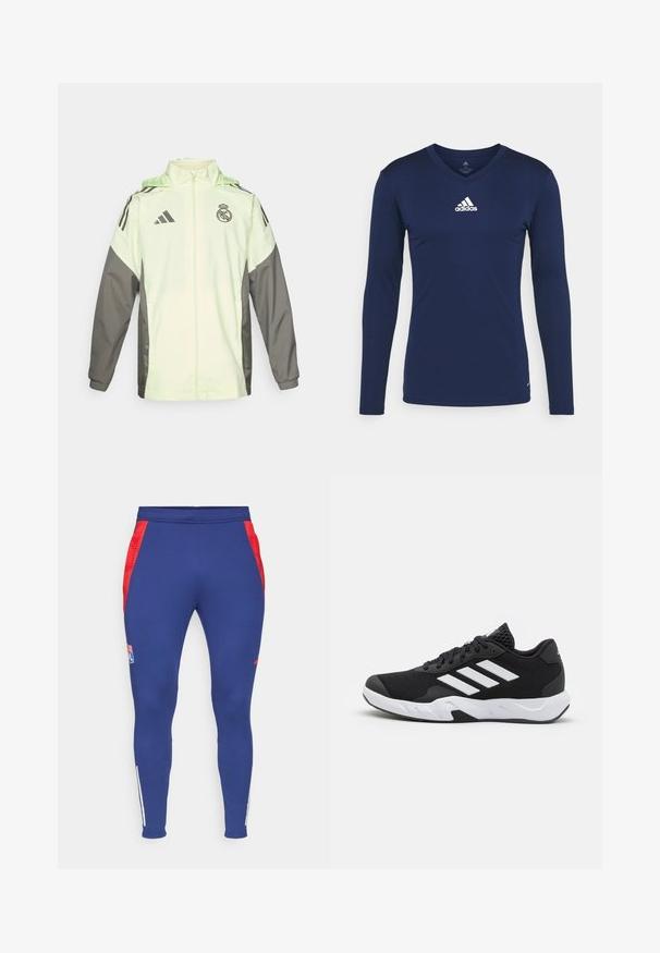 Light green and grey jacket with a zip closure, hood, and adjustable toggles. Features three black stripes on each shoulder and a logo.; Navy long-sleeve athletic shirt made of textured fabric with a V-neck and white Adidas logo on the chest. Simple design, fitted shape.; Navy athletic pants featuring red side panels, a logo on the thigh, and white stripes at the ankles. Made from a stretchy, smooth fabric.; Black athletic shoes with a textured mesh upper, white accent stripes, a cushioned sole, and a reinforced heel for support.