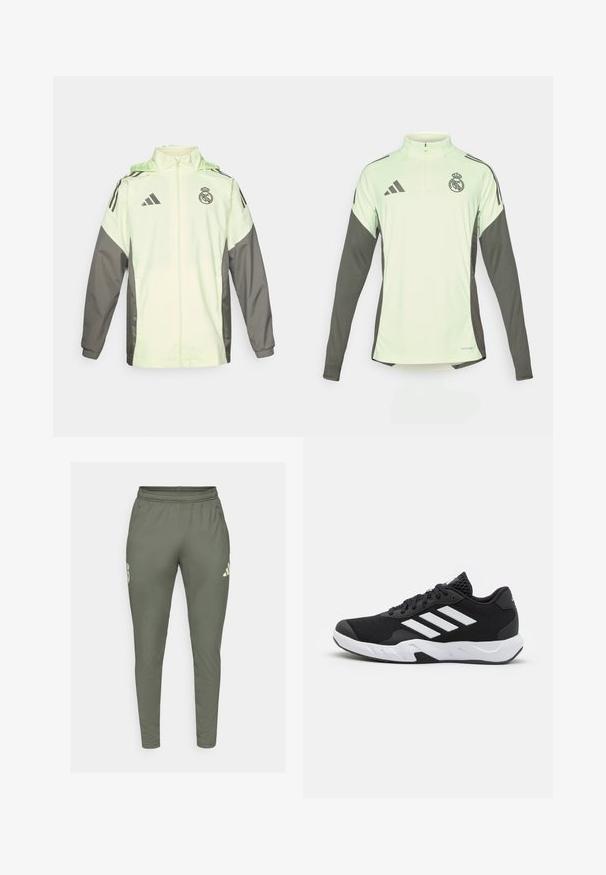 Veste vert clair et grise avec fermeture éclair, capuche et cordons ajustables. Présente trois bandes noires sur chaque épaule et un logo.; Jersey à manches longues vert clair avec des accents gris foncé, col zippé jusqu'à mi-hauteur et logo du Real Madrid. Fabriqué en tissu respirant.; Pantalons de survêtement vert olive à coupe slim, avec une ceinture élastique et des poches latérales. Présente un logo sur la cuisse gauche et des accents contrastants.; Baskets de sport noires avec une tige en mesh texturé, des rayures blanches, une semelle rembourrée et un talon renforcé pour le soutien.