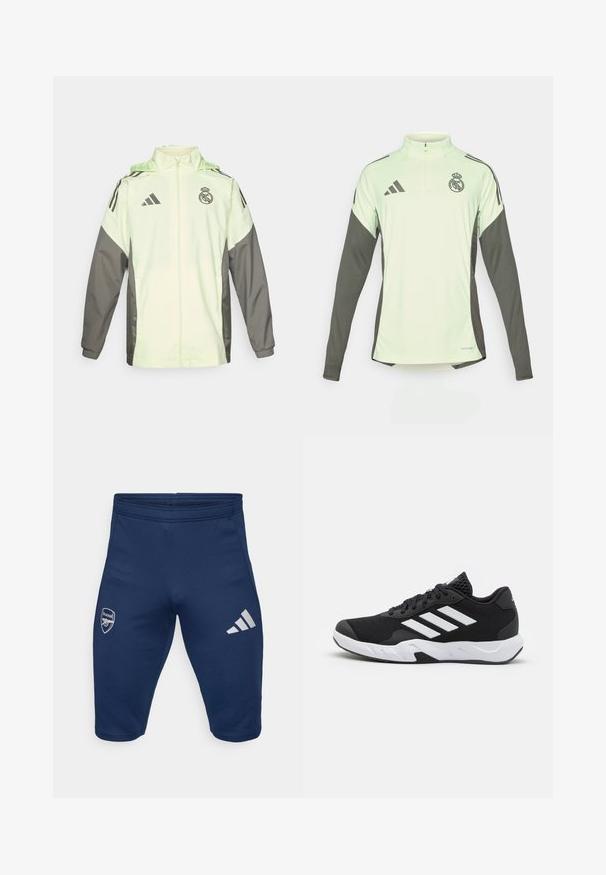 Hellgrüne und graue Jacke mit Reißverschluss, Kapuze und verstellbaren Schnüren. Verfügt über drei schwarze Streifen auf jeder Schulter und ein Logo.; Hellgrünes Langarm-Trikot mit dunkelgrauen Akzenten, Halb-Reißverschluss-Hals, und Real Madrid-Logo. Hergestellt aus atmungsaktivem Stoff.; Navyblaue Sportshorts aus elastischem Material, mit einem Arsenal-Logo auf dem linken Bein und drei weißen Adidas-Streifen auf dem rechten Bein.; Schwarze Sportschuhe mit einem strukturierten Mesh-Obermaterial, weißen Akzentstreifen, einer gepolsterten Sohle und einer verstärkten Ferse für Unterstützung.