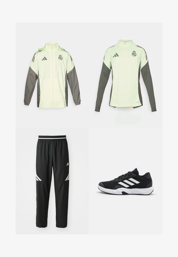 Chaqueta verde claro y gris con cierre de cremallera, capucha y cordones ajustables. Presenta tres franjas negras en cada hombro y un logo.; Jersey de manga larga verde claro con detalles en gris oscuro, cuello con media cremallera y logo del Real Madrid. Fabricado con tejido transpirable.; Pantalones de baloncesto Adidas negros con rayas blancas en los muslos y una cinturilla elástica con un patrón en blanco y negro.; Zapatillas deportivas negras con una parte superior de malla texturizada, rayas de acento blancas, suela acolchada y talón reforzado para mayor soporte.