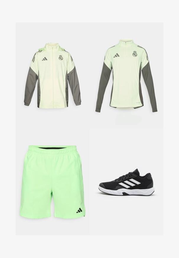 Světle zelená a šedá bunda se zapínáním na zip, kapucí a nastavovacími stahovacími šňůrkami. Obsahuje tři černé pruhy na každém rameni a logo.; Světle zelený dlouhý rukáv s tmavě šedými akcenty, poloviční zip u krku a logo Real Madrid. Vyrobeno z prodyšné látky.; Světlé zelené sportovní kraťasy s elastickým pasem, bočními kapsami a černým logem Adidas na dolním levém okraji. Hladký, lehký materiál.; Černé sportovní boty s texturovaným síťovaným svrškem, bílými akcentními pruhy, polstrovanou podrážkou a vyztuženým patem pro podporu.