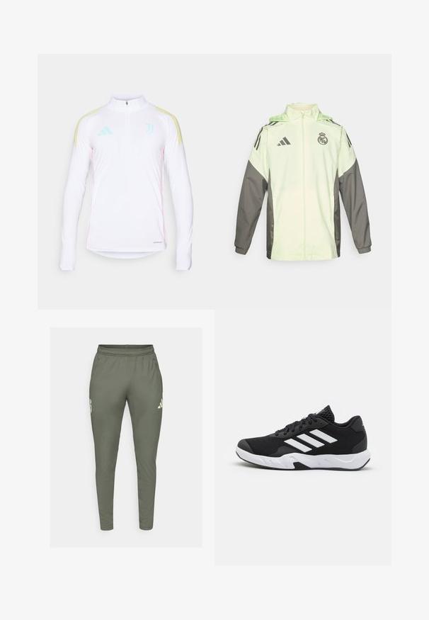 Light green and grey jacket with a zip closure, hood, and adjustable toggles. Features three black stripes on each shoulder and a logo.; White long-sleeve athletic top with half-zip, yellow shoulder stripes, mint green accents, and pink side seams. Features Aeroready branding.; Olive green track pants with a slim fit, elastic waistband, and side pockets. Features a logo on the left thigh and contrasting accents.; Black athletic shoes with a textured mesh upper, white accent stripes, a cushioned sole, and a reinforced heel for support.