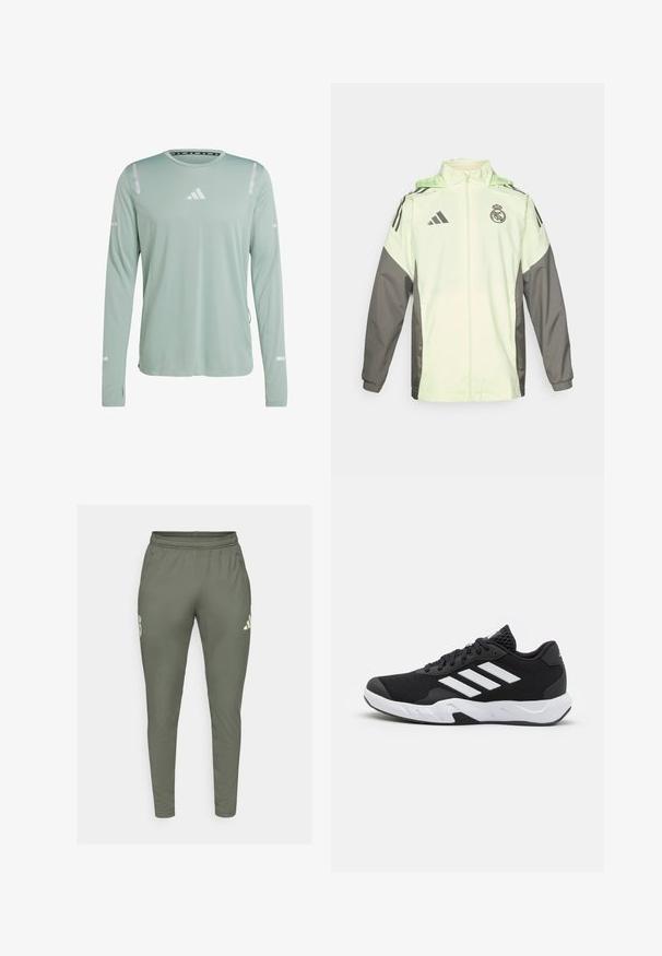 Ljusgrön och grå jacka med dragkedja, huva och justerbara snoddar. Har tre svarta ränder på varje axel och en logotyp.; adidas Performance ULTIMATE REFLECTIVE LONG SLEEVE LONG-SLEEVE - Långärmad tröja - silver green; Olivgrön träningbyxor med slim fit, elastisk midja och sidofickor. Har en logotyp på vänster lår och kontrasterande detaljer.; Svarta sportskor med ett texturerat nätövre, vita accentlinjer, en dämpad sula och en förstärkt häl för stöd.