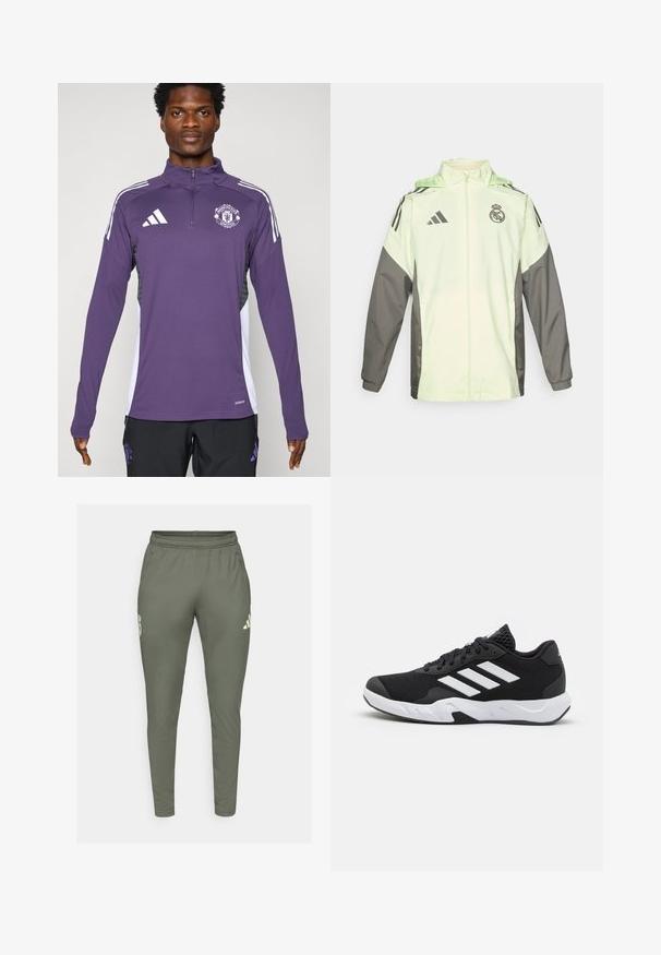 Giacca verde chiaro e grigia con chiusura zip, cappuccio e cordini regolabili. Presenta tre strisce nere su ciascun spalla e un logo.; Giacca sportiva viola con collo zip, caratterizzata da strisce bianche sulle spalle e dal logo del Manchester United. Realizzata in materiale liscia e leggero.; Pantaloni da jogging verde oliva con una vestibilità slim, vita elasticizzata e tasche laterali. Presentano un logo sulla coscia sinistra e dettagli a contrasto.; Scarpe da ginnastica nere con una tomaia in mesh texturizzata, strisce bianche di accento, suola imbottita e tallone rinforzato per supporto.