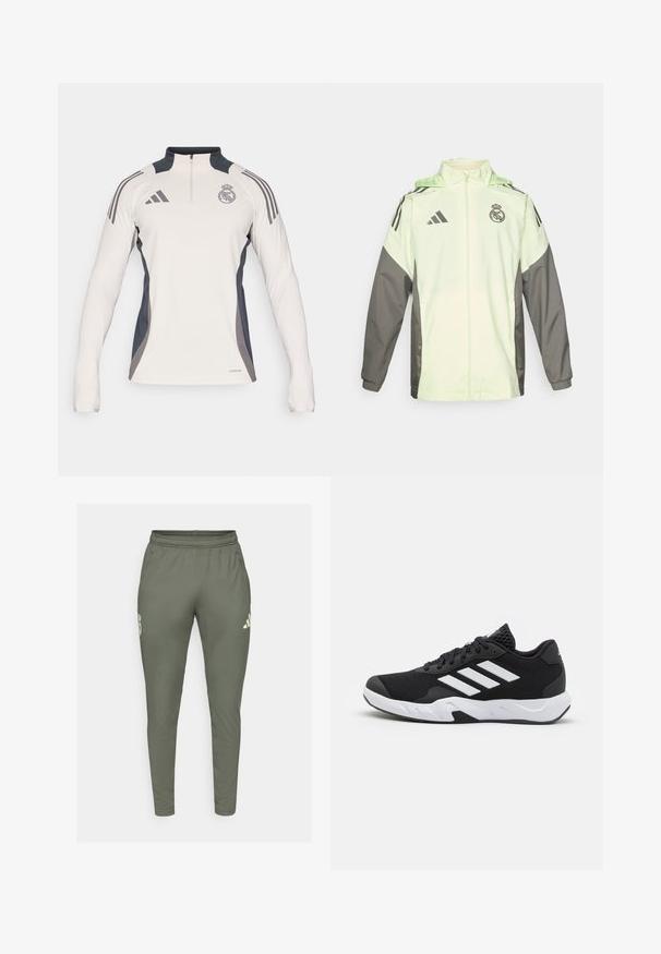 Ljusgrön och grå jacka med dragkedja, huva och justerbara snoddar. Har tre svarta ränder på varje axel och en logotyp.; adidas Performance REAL MADRID EU TRAINING TOP - Långärmad tröja - putty mauve/dark grey/charcoal; Olivgrön träningbyxor med slim fit, elastisk midja och sidofickor. Har en logotyp på vänster lår och kontrasterande detaljer.; Svarta sportskor med ett texturerat nätövre, vita accentlinjer, en dämpad sula och en förstärkt häl för stöd.