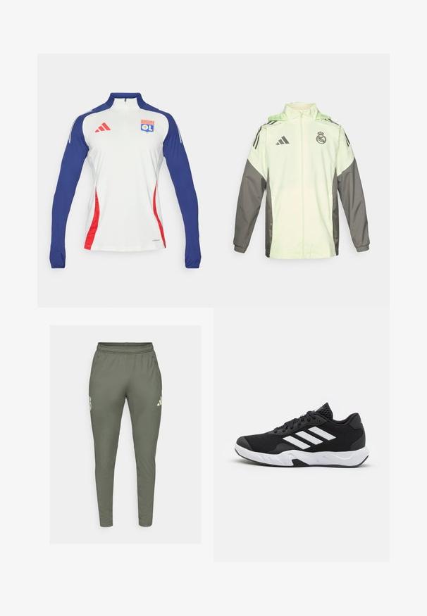 Hellgrüne und graue Jacke mit Reißverschluss, Kapuze und verstellbaren Schnüren. Verfügt über drei schwarze Streifen auf jeder Schulter und ein Logo.; Langärmliges, weißes Sportshirt mit marineblauen Ärmeln und roten Akzenten. Verfügt über einen Reißverschlusskragen und ein Olympique Lyonnais-Logo auf der Brust.; Olivgrüne Jogginghose mit schlankem Schnitt, elastischem Bund und Seitentaschen. Mit einem Logo auf dem linken Oberschenkel und kontrastierenden Akzenten.; Schwarze Sportschuhe mit einem strukturierten Mesh-Obermaterial, weißen Akzentstreifen, einer gepolsterten Sohle und einer verstärkten Ferse für Unterstützung.