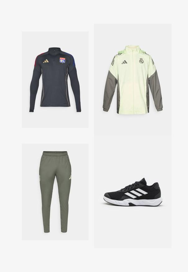 Lichtgroene en grijze jas met een ritsluiting, capuchon en verstelbare toggles. Heeft drie zwarte strepen op iedere schouder en een logo.; Zwarte atletische zip-up jack met lange mouwen, voorzien van rode en blauwe schouderaccenten, gouden bies en het logo van Olympique Lyonnais.; Olijfgroene trainingsbroek met een slim fit, elastische tailleband en zijzakken. Bevat een logo op de linker dij en contrasterende accenten.; Zwarte sportieve schoenen met een geperforeerde mesh bovenkant, witte accentstrepen, een gevoerde zool en een versterkte hiel voor extra ondersteuning.