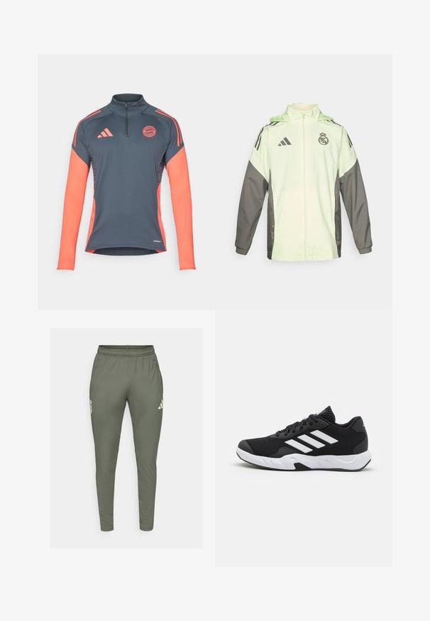 Veste vert clair et grise avec fermeture éclair, capuche et cordons ajustables. Présente trois bandes noires sur chaque épaule et un logo.; T-shirt de sport gris à manches longues avec une fermeture éclair quart, accents corail sur les épaules et les manches, et logo Bayern München sur la poitrine. Technologie Aeroready.; Pantalons de survêtement vert olive à coupe slim, avec une ceinture élastique et des poches latérales. Présente un logo sur la cuisse gauche et des accents contrastants.; Baskets de sport noires avec une tige en mesh texturé, des rayures blanches, une semelle rembourrée et un talon renforcé pour le soutien.