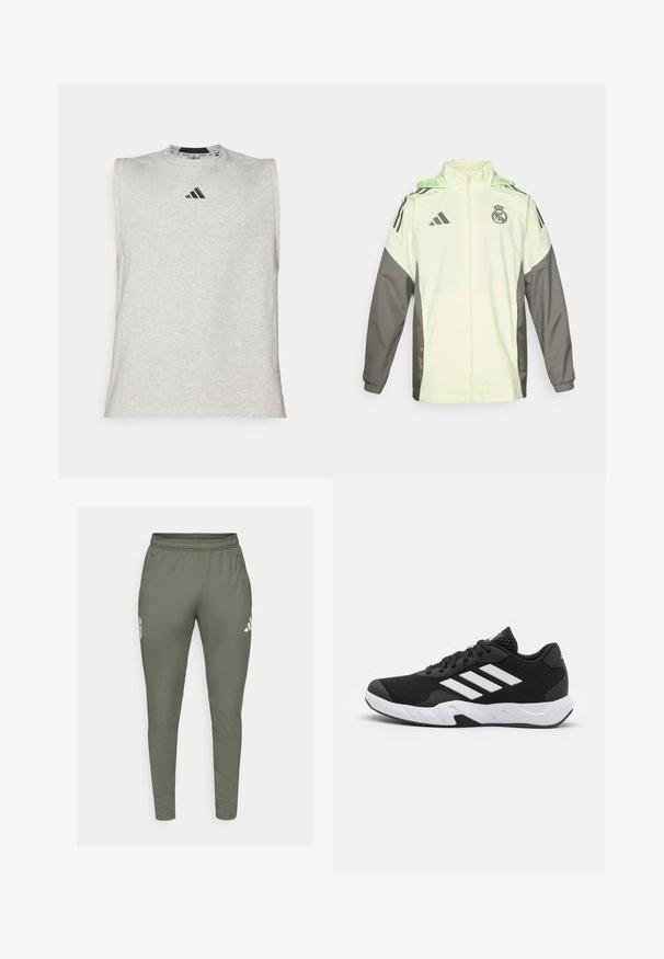 Lichtgroene en grijze jas met een ritsluiting, capuchon en verstelbare toggles. Heeft drie zwarte strepen op iedere schouder en een logo.; Grijze mouwloze sportshirt met een ronde hals. Heeft een klein zwart Adidas-logo op de borst. Gemaakt van zachte, lichte stof.; Olijfgroene trainingsbroek met een slim fit, elastische tailleband en zijzakken. Bevat een logo op de linker dij en contrasterende accenten.; Zwarte sportieve schoenen met een geperforeerde mesh bovenkant, witte accentstrepen, een gevoerde zool en een versterkte hiel voor extra ondersteuning.
