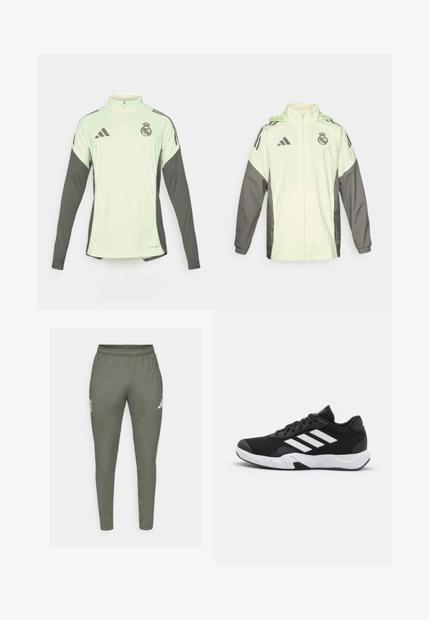 Giacca verde chiaro e grigia con chiusura zip, cappuccio e cordini regolabili. Presenta tre strisce nere su ciascun spalla e un logo.; Jersey verde chiaro a maniche lunghe con accenti grigio scuro, collo a mezza zip e logo del Real Madrid. Realizzato in tessuto traspirante.; Pantaloni da jogging verde oliva con una vestibilità slim, vita elasticizzata e tasche laterali. Presentano un logo sulla coscia sinistra e dettagli a contrasto.; Scarpe da ginnastica nere con una tomaia in mesh texturizzata, strisce bianche di accento, suola imbottita e tallone rinforzato per supporto.