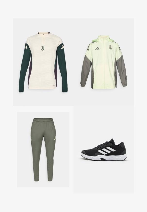 Veste vert clair et grise avec fermeture éclair, capuche et cordons ajustables. Présente trois bandes noires sur chaque épaule et un logo.; adidas Performance JUVENTUS 25/26 TIRO25 EUROPEAN PRO TRAINING TOP - Article de supporter d'équipe de club - ecru tint; Pantalons de survêtement vert olive à coupe slim, avec une ceinture élastique et des poches latérales. Présente un logo sur la cuisse gauche et des accents contrastants.; Baskets de sport noires avec une tige en mesh texturé, des rayures blanches, une semelle rembourrée et un talon renforcé pour le soutien.
