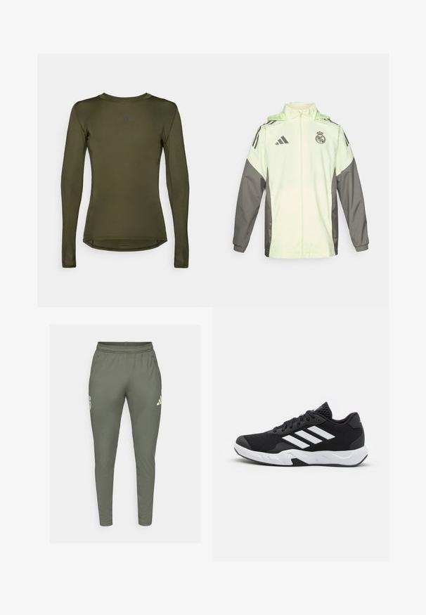 Světle zelená a šedá bunda se zapínáním na zip, kapucí a nastavovacími stahovacími šňůrkami. Obsahuje tři černé pruhy na každém rameni a logo.; Dlouhý rukáv sportovní tričko v olivově zelené barvě, vyrobené z hladkého, elastického materiálu. Má kulatý výstřih a decentní logo na hrudi.; Olivově zelené sportovní kalhoty s úzkým střihem, elastickým pasem a bočními kapsami. Na levém stehně se nachází logo a kontrastní detaily.; Černé sportovní boty s texturovaným síťovaným svrškem, bílými akcentními pruhy, polstrovanou podrážkou a vyztuženým patem pro podporu.