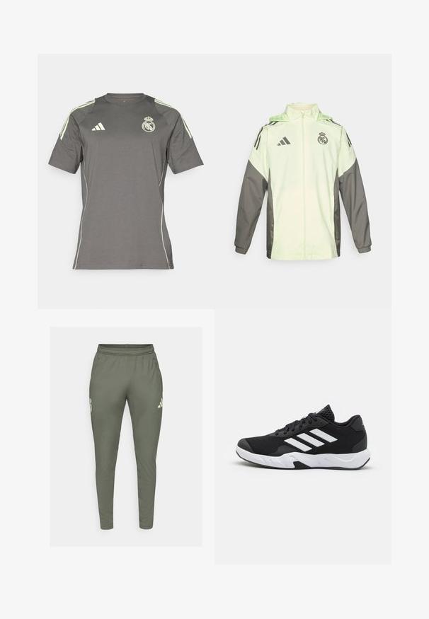 Veste vert clair et grise avec fermeture éclair, capuche et cordons ajustables. Présente trois bandes noires sur chaque épaule et un logo.; T-shirt de sport gris en tissu léger. Doté d'accents vert lime, de manches courtes et du logo du Real Madrid sur la poitrine.; Pantalons de survêtement vert olive à coupe slim, avec une ceinture élastique et des poches latérales. Présente un logo sur la cuisse gauche et des accents contrastants.; Baskets de sport noires avec une tige en mesh texturé, des rayures blanches, une semelle rembourrée et un talon renforcé pour le soutien.