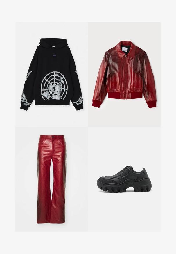 Red leather bomber jacket with a glossy finish, ribbed cuffs and hem, and two front pockets. Features a pointed collar and zip closure.; GmbH UN LOOPBACK - Hoodie - black; Red leather wide-leg pants with a glossy finish, featuring subtle embossed pattern and five-pocket design. Front button and zipper closure.; Black chunky sneaker with thick lug sole, textured side overlays, lace-up front, and brand name "ROMBAUT" on the side panel.