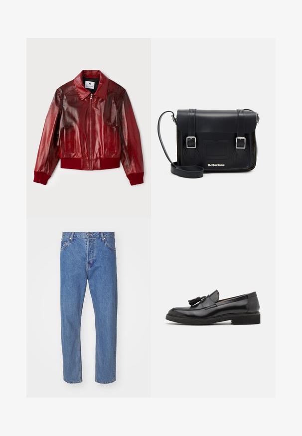 Red leather bomber jacket with a glossy finish, ribbed cuffs and hem, and two front pockets. Features a pointed collar and zip closure.; White cotton t-shirt with a crew neckline, short sleeves, and a relaxed fit. Features plain design without patterns or accents.; Blue denim jeans with a straight-leg design, featuring a zip fly, five pockets, and subtle whiskering detail. Classic mid-rise fit.; Black leather loafers with tassel detail, rounded toe, and a textured sole. Features a smooth finish and minimalistic design.; Black leather messenger bag with silver buckles, yellow stitching, adjustable strap, and a front pocket. Brand logo displayed on the front.