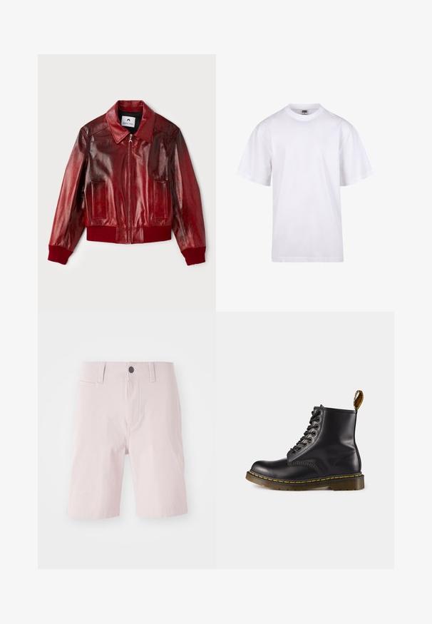 Czerwona skórzana kurtka bomberka o błyszczącej powierzchni, z prążkowanymi mankietami i dołem oraz dwoma kieszeniami z przodu. Posiada spiczasty kołnierz i zamek błyskawiczny.; Biała bawełniana koszulka z okrągłym dekoltem, krótkimi rękawami i luźnym krojem. Posiada prosty design bez wzorów czy akcentów.; Jasnoróżowe szorty z bawełny, z płaskim przodem, szlufkami na pasek, jednolitą zapiętą na guzik i bocznymi kieszeniami. Gładka faktura.; Czarne skórzane botki sięgające do kostki z żółtym przeszyciem, wiązane z przodu, o okrągłym nosku i teksturowanej gumowej podeszwie. Posiadają pętelkę z tyłu.