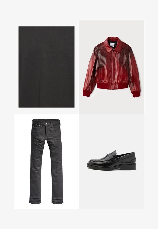 Jachetă bomber din piele roșie cu un finisaj lucios, manșete și tiv ribbate, și două buzunare frontale. Include un guler ascuțit și închidere cu fermoar.; Tricou negru din material moale, cu o textură netedă și un design simplu, fără modele sau accente.; Jeans negri din denim cu un design clasic cu picior drept. Prezentând buzunare frontale, un fermoar cu buton și detalii subtile de cusătură.; Pantofi loafers din piele neagră, cu un finisaj neted, vârf rotunjit, toc mic și cusături decorative pe partea din față. Talpă din cauciuc pentru aderență.