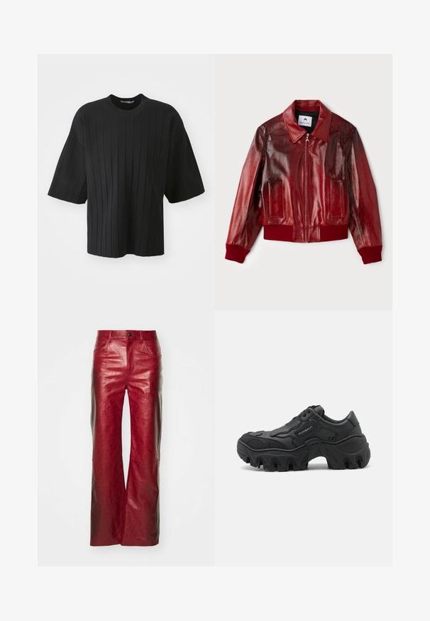 Rote Leder-Bomberjacke mit glänzender Oberfläche, gerippten Bündchen und Saum sowie zwei Fronttaschen. Verfügt über einen spitzen Kragen und einen Reißverschluss.; Schwarzes Kurzarmoberteil mit einer lockeren Passform, vertikaler Rippstruktur und Rundhalsausschnitt, gefertigt aus einem weichen, dehnbaren Stoff.; Rote Lederhose mit weitem Bein und glänzender Oberfläche, ausgestattet mit subtil geprägtem Muster und Fünf-Taschen-Design. Vordere Knopf- und Reißverschluss.; Schwarze klobige Sneaker mit dickem Profilsohle, strukturierten Seitenüberschlägen, Schnürverschluss und der Markenbezeichnung "ROMBAUT" an der Seitenfläche.