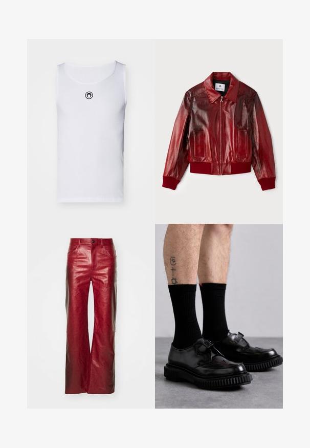 Červená kožená bomber bunda s lesklým povrchom, rebrovanými manžetami a spodným okrajom, a dvoma prednými vreckami. Obsahuje špicatý golier a zips.; Biely bezrukávový tričko vyrobené zo žebrovanej tkaniny, s okrúhlym výstrihom a malým čiernym logom na hrudi.; Červené kožené nohavice so širokým strihom a lesklým povrchom, s jemným embosovaným vzorom a dizajnom s piatimi vreckami. Zapínanie na prednom diele na gombík a zips.; Adieu TYPE 198 UNISEX - Našuchovačky - black