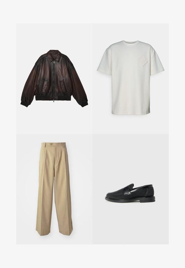 Hnedá kožená bombardérka so zapínaním na zips, rebrovými manžetami a spodným lemom, dvoma prednými vreckami a štruktúrovanými plecami pre voľný strih.; Tričko s krátkym rukávom v odtieni krémovej bavlny, s textúrovaným diamantovým nášivkom a embosovaným dizajnom na ľavej hrudi.; Béžové široké nohavice s vysokým pásom, dvoma prednými záhybmi a jedným gombíkom na zapínanie. Vyrobené z textilného materiálu s jemným vzorom.; Čierne tkané slip-on topánky s hladkým koženým akcentom na vrchnej časti, s okrúlym dizajnom špičky a nízkoprofilovou gumovou podrážkou.