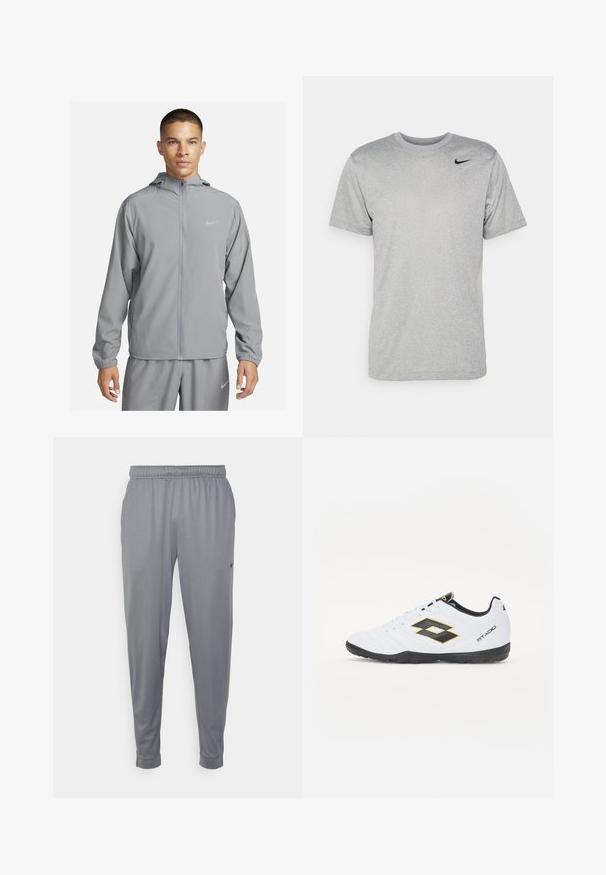 Chaqueta cortavientos de color gris claro con capucha, cremallera frontal completa, puños elásticos y un pequeño logo en el pecho. Material liso y resistente al agua.; Camiseta gris de manga corta hecha de tela suave, con un logo negro de Nike en el hombro izquierdo y un cuello redondo clásico.; Pantalones deportivos grises hechos de una tela ligera, con una cinturilla elástica, piernas ajustadas y un pequeño logo en un lado.; Zapatillas deportivas blancas con acentos en negro y amarillo, que cuentan con un upper texturizado, punta redonda y suela de goma negra. El diseño incluye un detalle de logo en el lateral.