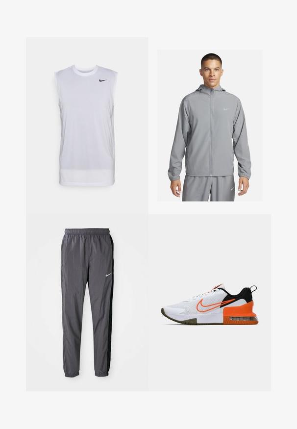 Light grey windbreaker jacket with a hood, full front zipper, elastic cuffs, and a small logo on the chest. Smooth, water-resistant material.; White sleeveless athletic shirt made of lightweight material. Features a round neckline and a small black Nike logo on the upper left.; Nike track pants, made of lightweight fabric, in dark gray with black side panels. Features an elastic waistband and reflective logo.; White athletic shoe with a textured mesh upper, black and orange accents, a thick rubber sole, and a clear air cushion section at the heel.