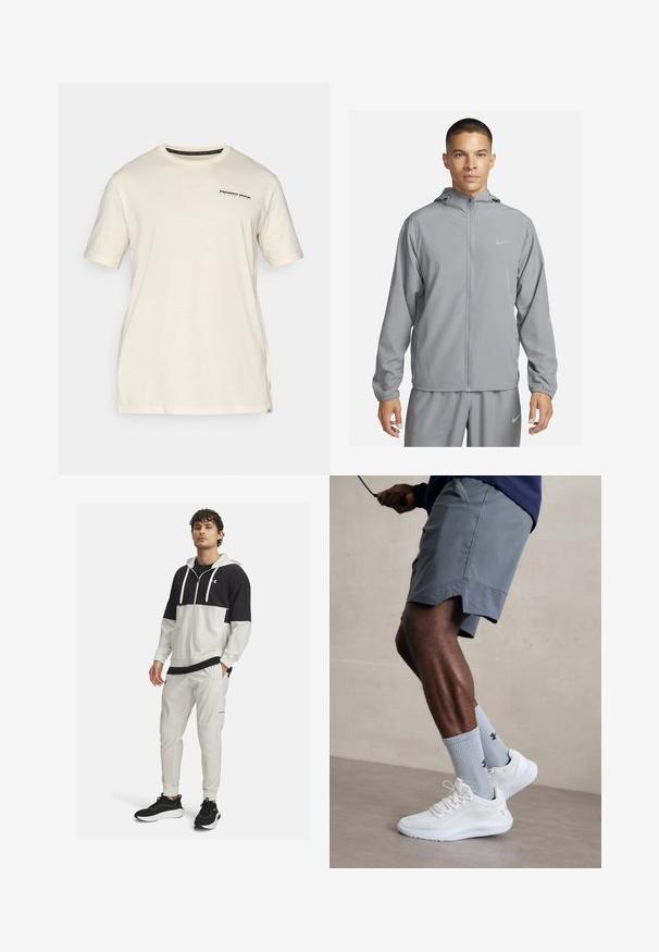Vaaleanharmaa tuulitakki hupparilla, jossa on täysi etuvetoketju, joustavat hihansuut ja pieni logo rinnassa. Sujuva, vettä hylkivä materiaali.; Kermankolorainen puuvillapaita, jossa on lyhyet hihat. Edessä vasemmalla rinnassa on pieni musta logo ja kaula-aukko on pyöreä.; Huppari urheilujakusta mustana ja valkoisena, jota koristaa vetoketjukiinnitys; yhdistettynä valkoisiin verryttelyhousuihin, joissa on taskut ja joustavat hihnat; mustat lenkkarit.; Valkoiset urheilukengät, joissa on karkea verkkomateriaali, yhdessä vaaleansinisten ribattujen sukkien kanssa, joissa on logo. Harmaat urheiluhousut, joissa on rei'itetty reunus.