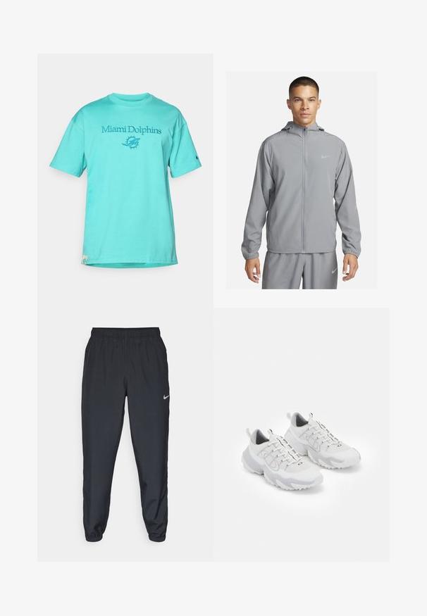 Lysegrå vindjakke med hette, full glidelås foran, elastiske mansjetter og en liten logo på brystet. Glatt, vannavstøtende materiale.; Turkis bomull T-skjorte med "Miami Dolphins" tekst og logo i blå brodering. Har korte ermer og ribbestrikket rund hals.; Svarte joggebukser laget av lett stoff med elastisk midje, ankelmanchetter og en diskret Nike-logo på venstre side.; Hvite treningssko med mesh-overdel, grå detaljer, teksturert gummisåle og pull-tabs på hælen; har et snøresystem.