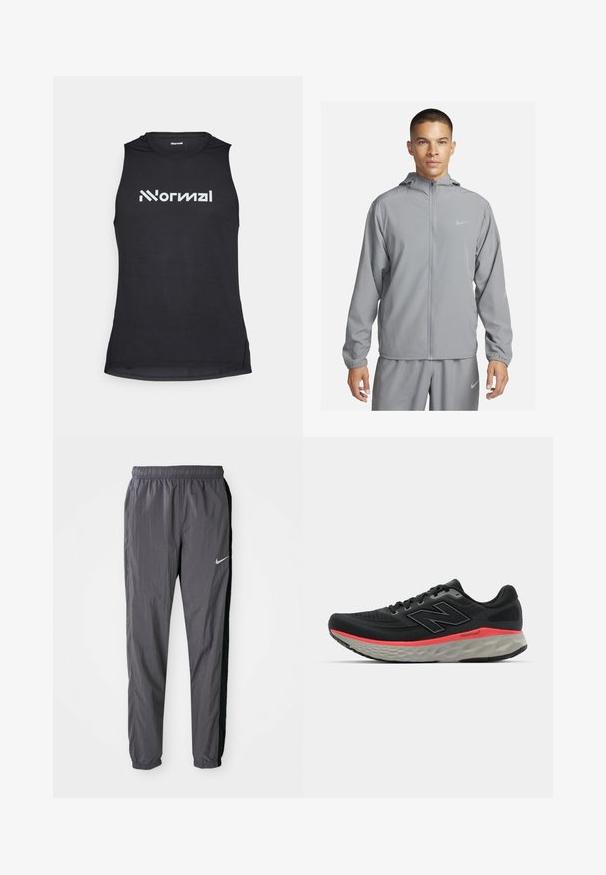 Svetlo siva jakna s kapuco, celotno zapiranje na zadrgo spredaj, elastični manšeti in majhnim logotipom na prsih. Gladek, vodoodporen material.; Črna telovadna brezrokavnik s teksturirano tkanino, na kateri je spredaj jasno prikazana bela oznaka.; Nike teka hlače, narejene iz lahkega materiala, v temno sivi barvi z črnimi stranskimi paneli. Imajo elastični pas in odsevni znak.; Črne tekaške čevlje z mrežastim zgornjim delom, okrašene s roza srednjim delom podplata in sivo podplatom. Imajo teksturirane podrobnosti in prilagodljivo zasnovo podplata.