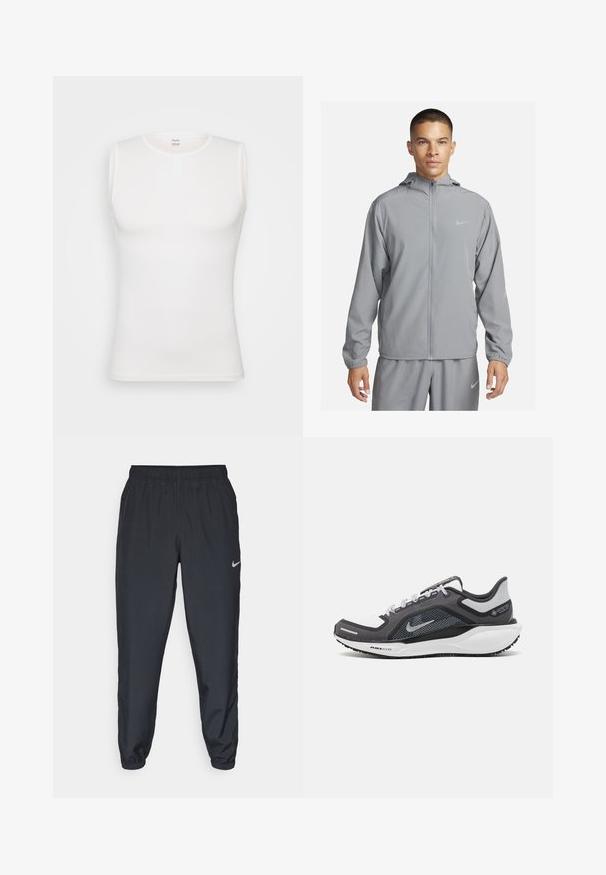 Veste coupe-vent gris clair avec capuche, fermeture éclair intégrale sur le devant, poignets élastiques et un petit logo sur la poitrine. Tissu lisse et résistant à l'eau.; Top sans manches blanc en tissu texturé avec un col rond et un détail de bouton. Fini lisse, forme ajustée et design simple.; Pantalon de jogging noir en tissu léger avec une ceinture élastique, des poignets aux chevilles et un logo Nike discret sur le côté gauche.; Baskets de sport noires et grises avec un empeigne en maille, des accents réfléchissants et un intermédiaire blanc. Comprend une semelle extérieure en caoutchouc texturé et des lacets.