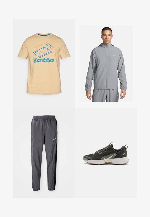 Casaco corta-vento cinza claro com capuz, fecho de correr frontal completo, punhos elásticos e um pequeno logótipo no peito. Material liso e resistente à água.; T-shirt de algodão bege com uma gráfica colorida de um court de ténis e o logótipo "lotto" em azul, com mangas curtas e decote redondo.; Calças de treino Nike, feitas de tecido leve, na cor cinza escuro com painéis laterais pretos. Apresentam uma cintura elástica e um logótipo refletor.; Sapatilha de desporto verde escura com superfície texturizada, detalhes em prata e uma sola robusta, apresentando um logo da Nike em destaque na lateral.