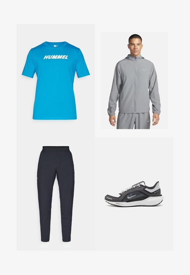 Lys grå vindjakke med hætte, fuld frontlynlås, elastiske manchetter og et lille logo på brystet. Glat, vandafvisende materiale.; Blå kortærmet t-shirt lavet af blødt stof med et markant hvidt "HUMMEL" logo på brystet. Enkel design med rund hals.; Sorte atletiske bukser med en glat overflade, tætsiddende pasform, elastisk talje og sidelommer. Indeholder et lille logo på venstre lår.; Sort og grå atletisk sko med en mesh-overdel, reflekterende detaljer og en hvid mellemsål. Har en tekstureret gummisål og snørebånd.